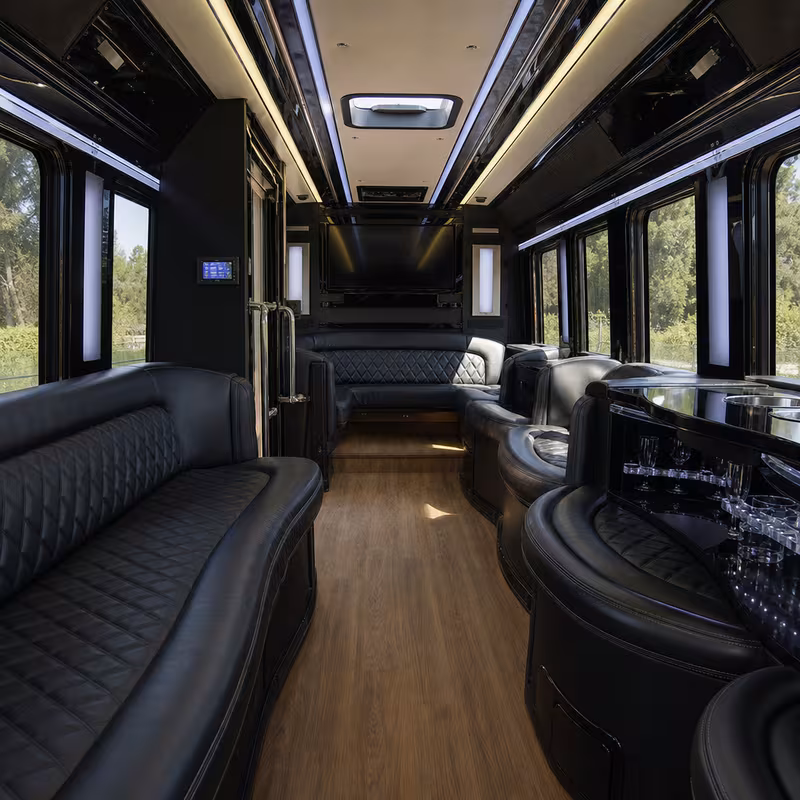 Passenger watching the Cleveland scenery during a regional party bus road trip