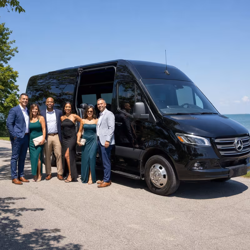 Group beside a Mercedes Sprinter limo from the Cleveland fleet