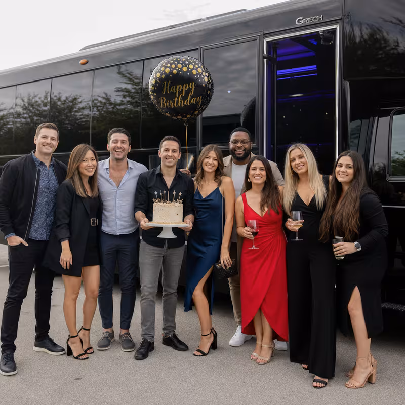 Party bus interior with wraparound leather seating and LED lighting in Cleveland