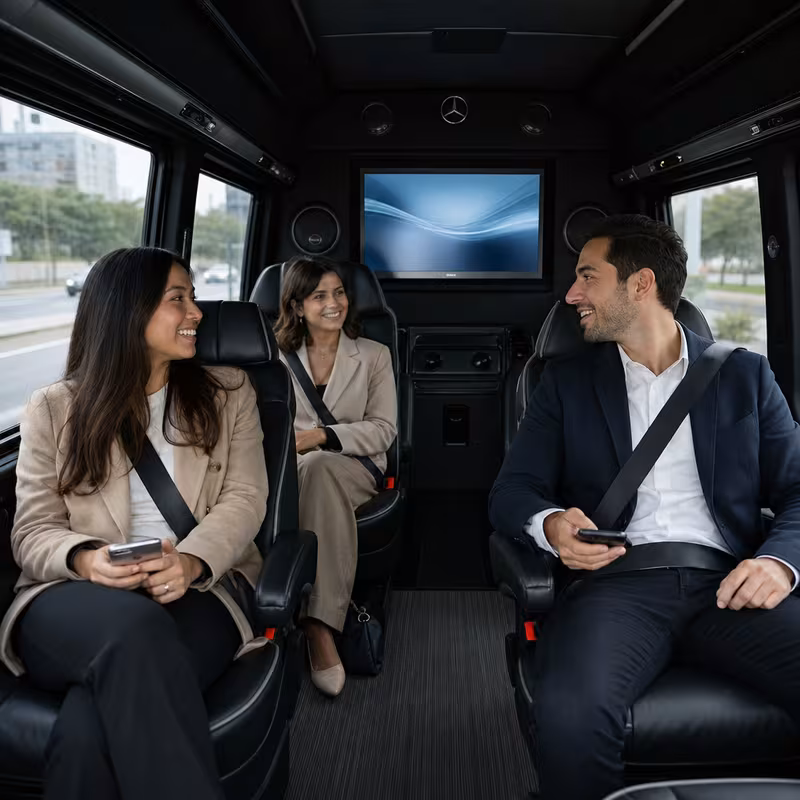 Group boarding a white charter bus for Corporate Transportation transportation in Cleveland