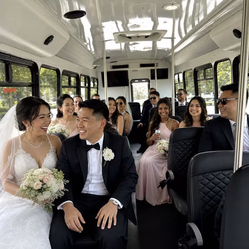 Group boarding a white charter bus for Wedding Transportation transportation in Cleveland